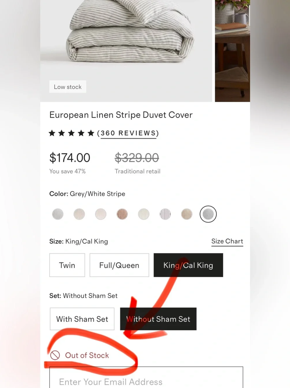 NWOT Quince European Linen Stripe 1 Pc Duvet Cover, King/Cal (Gray/White)